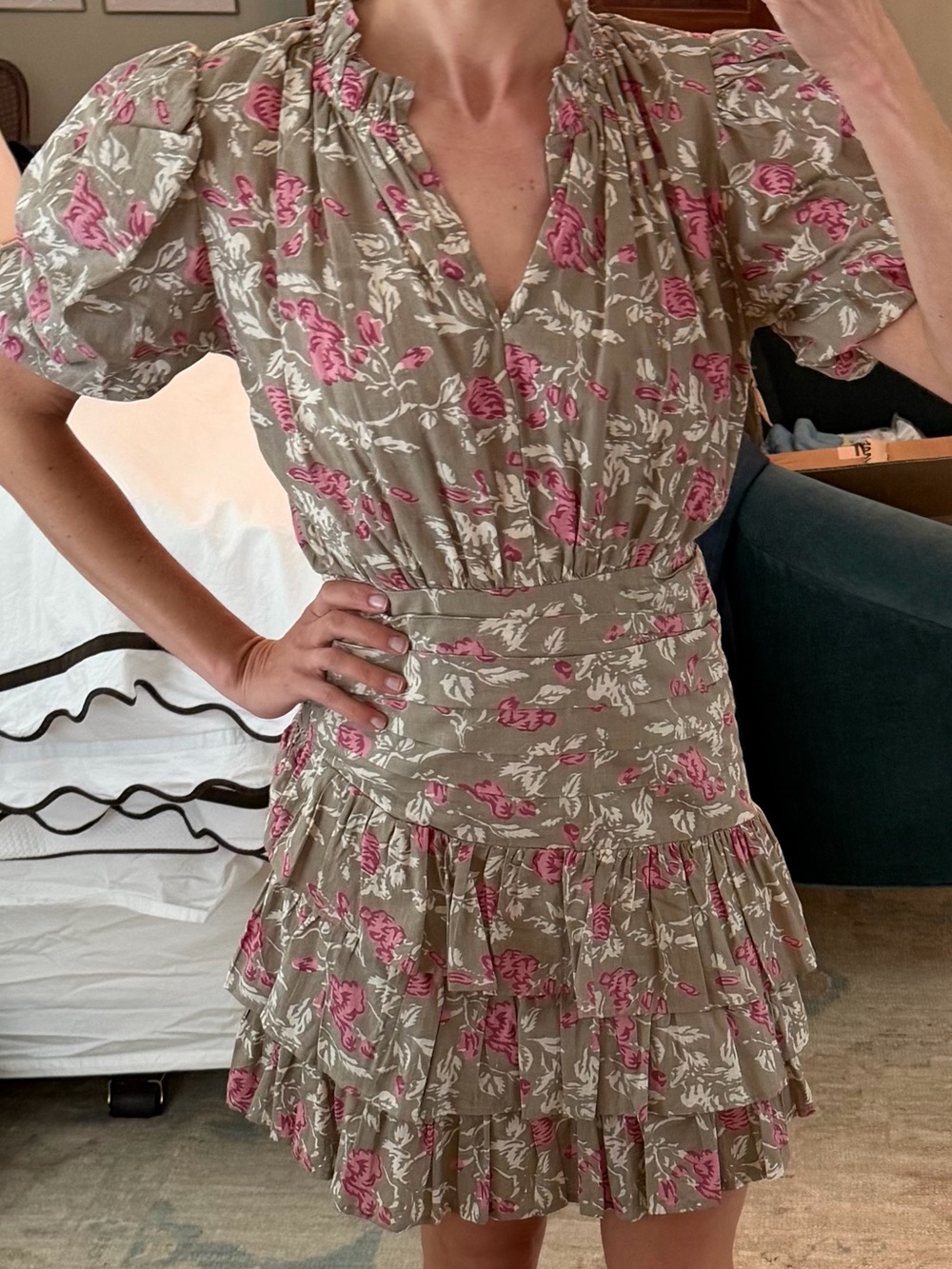 Olive Floral Tiered Mini Dress with Pink Accents